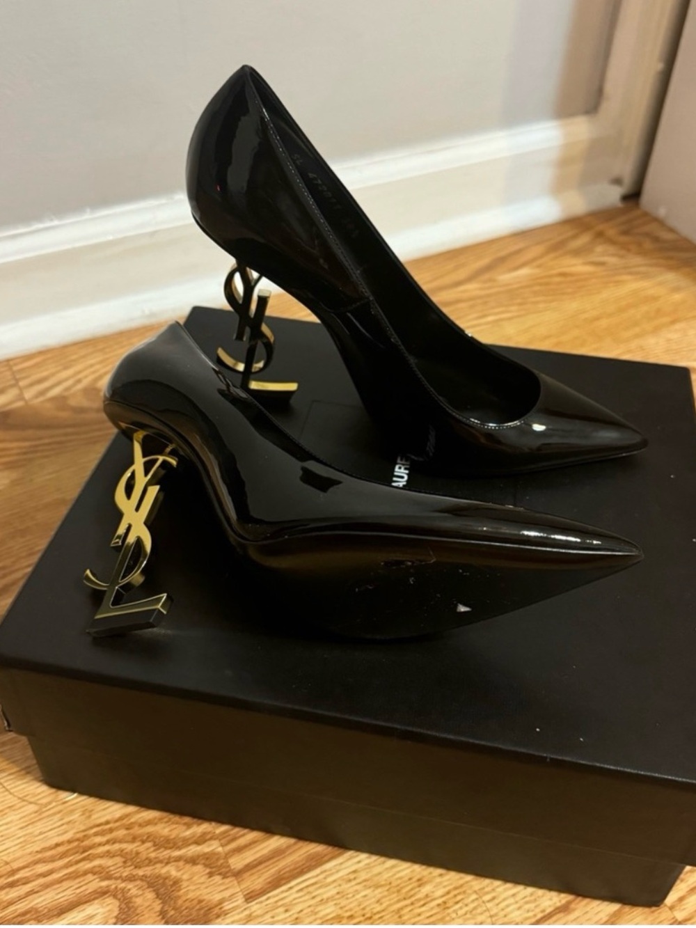 Saint Laurent Black Patent Pointed-Toe Pumps with Gold YSL Heel